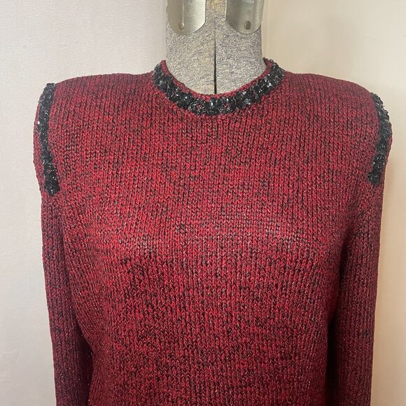 Vintage Dunollie Looms summery red sweater w/black sequin trim - Picture 2 of 9